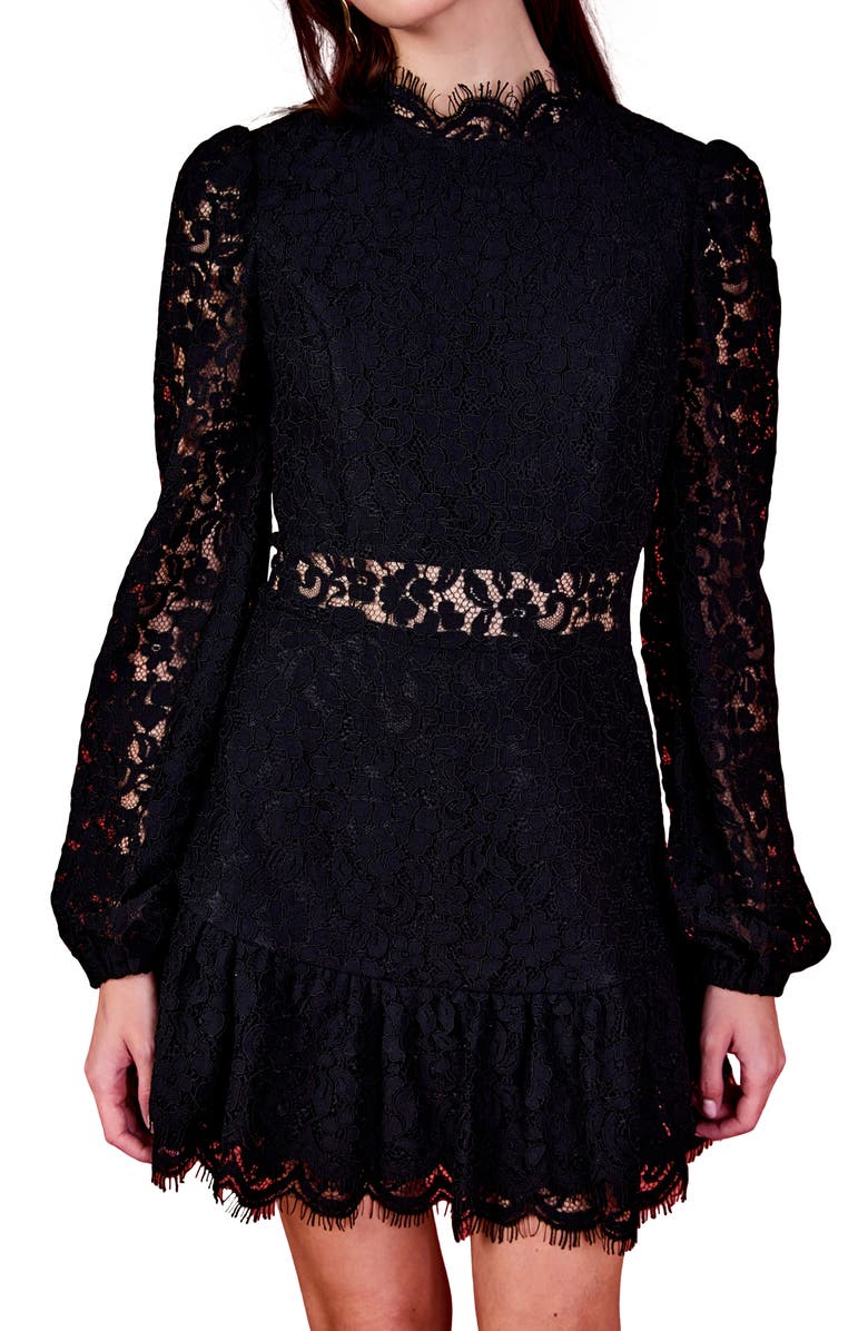 Endless Rose Lace Cutout Long Sleeve Minidress, Alternate, color, Black