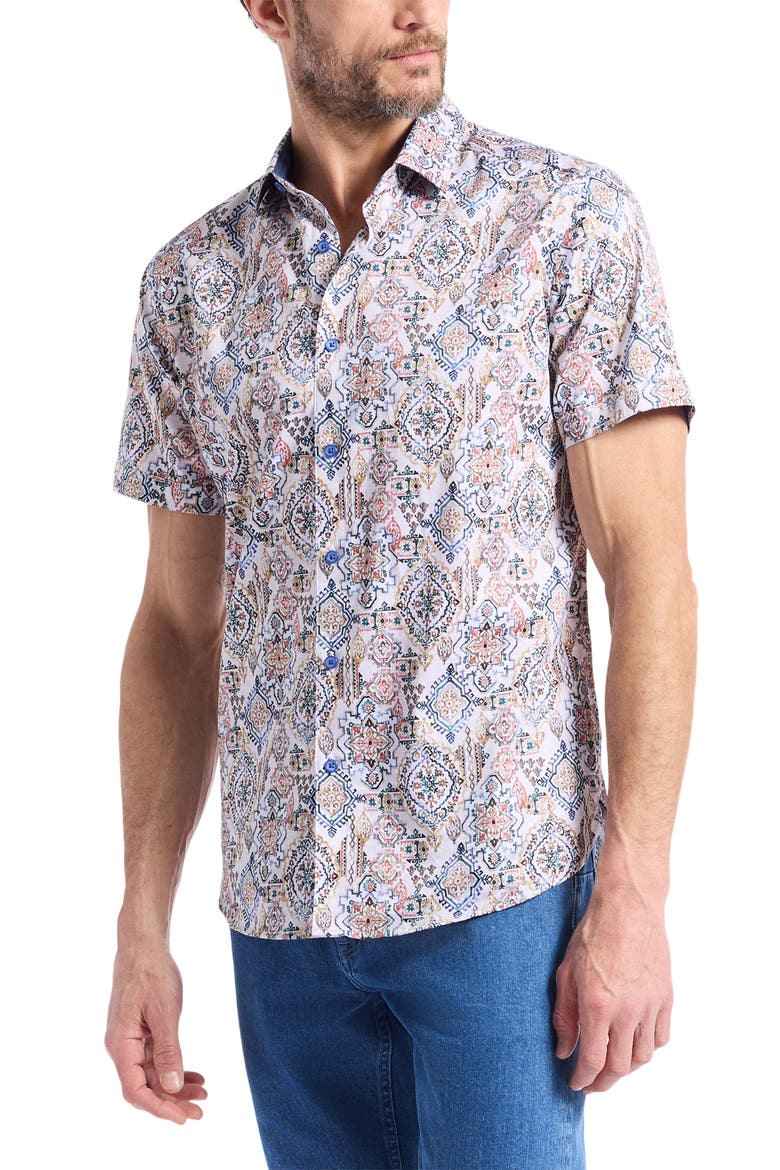 Pismo Short Sleeve Stretch Cotton Button-Up Shirt, Alternate, color, WHITE MULTI