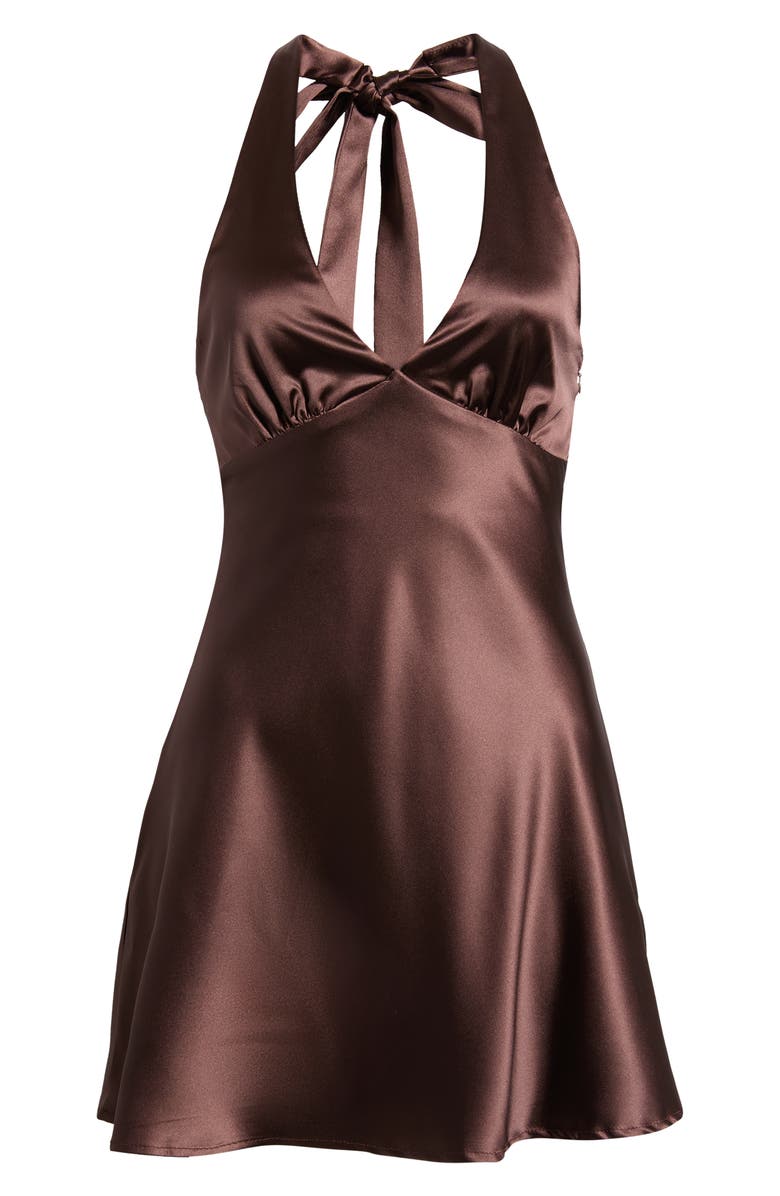 Princess Polly Pelagia Satin Halter Minidress, Main, color, Brown