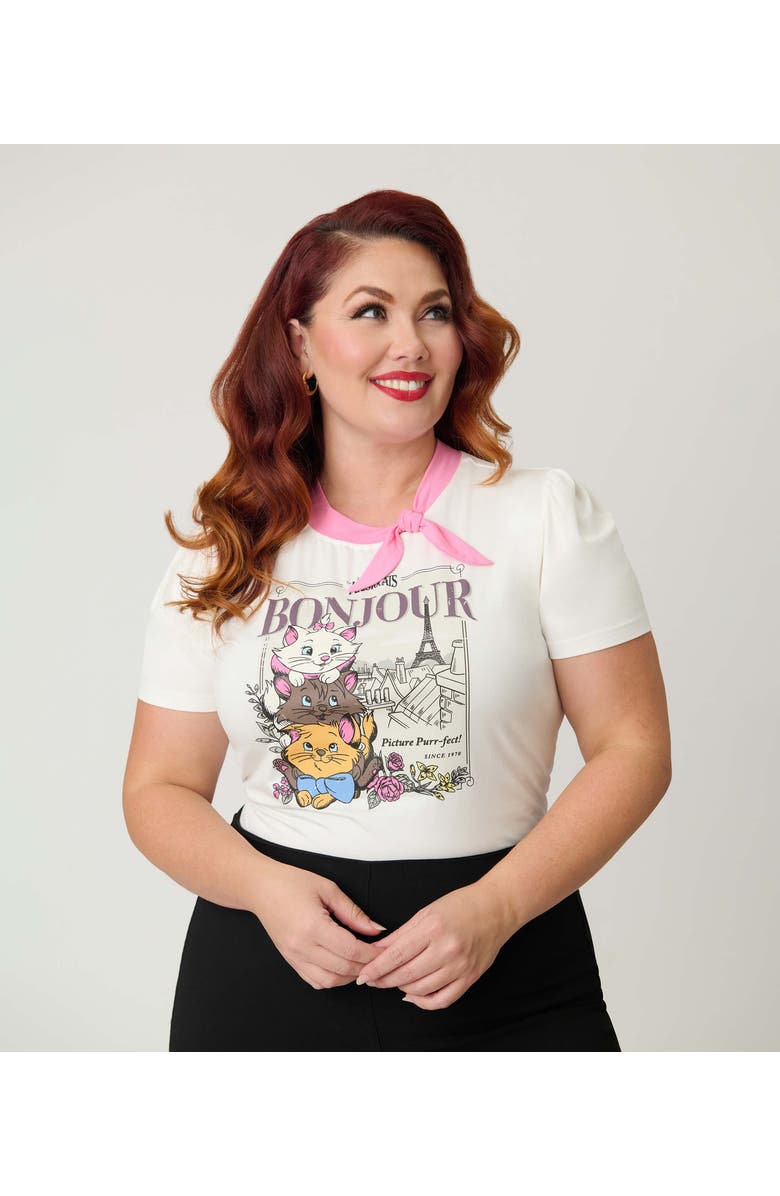 Unique Vintage Plus Size Short Sleeve Tie Neck Sweetie Knit Top, Alternate, color, White Cat Print
