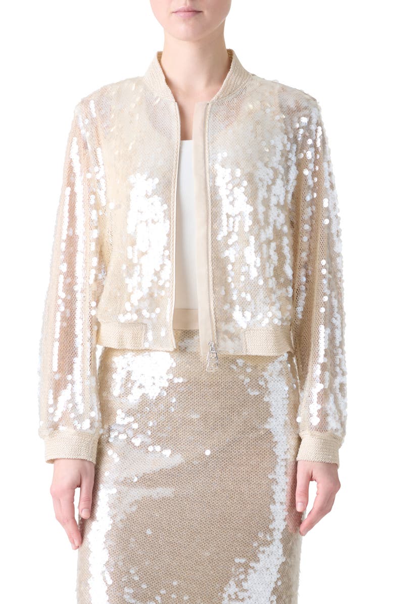 Akris Taide Sequin Mesh Bomber Jacket, Main, color, Greige