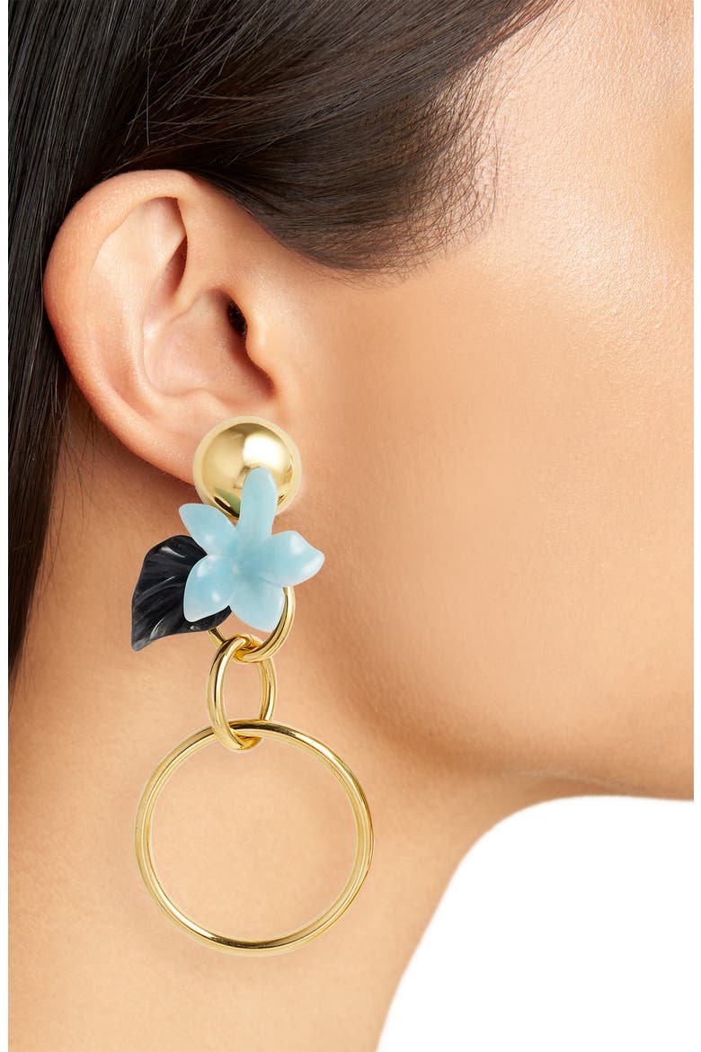 Hibiscus Golden Hoop Drop Earrings, Alternate, color, SKY BLUE