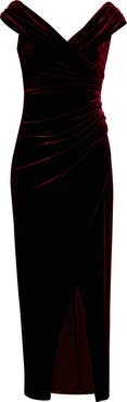 Vince Camuto Off the Shoulder Velvet Ruched Sheath Gown