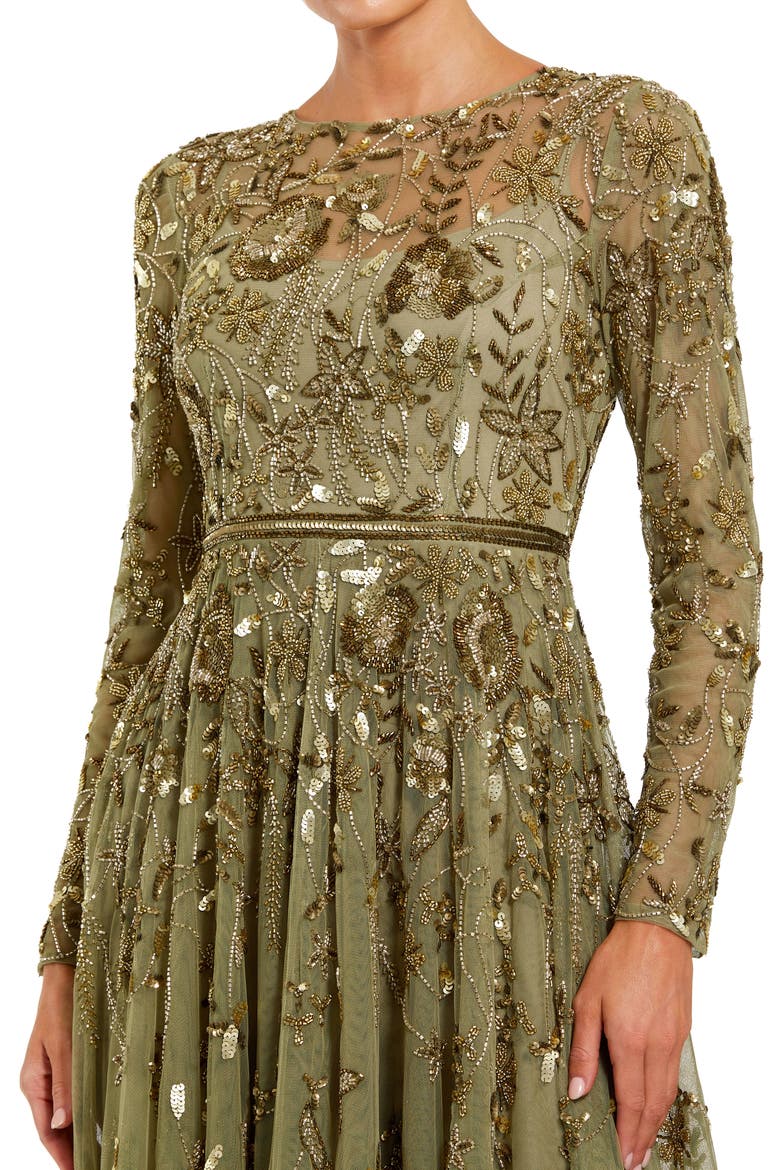 Women's Long Sleeve Mesh Floral Embellished Gown, Alternate, color, Green