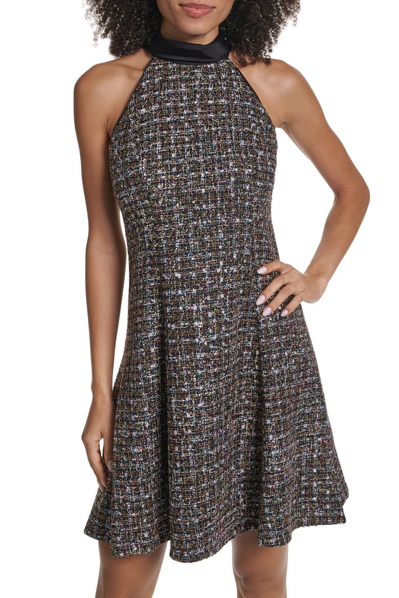 Satin Collar Tweed Fit & Flare Dress, Alternate, color, BLACK MULTI