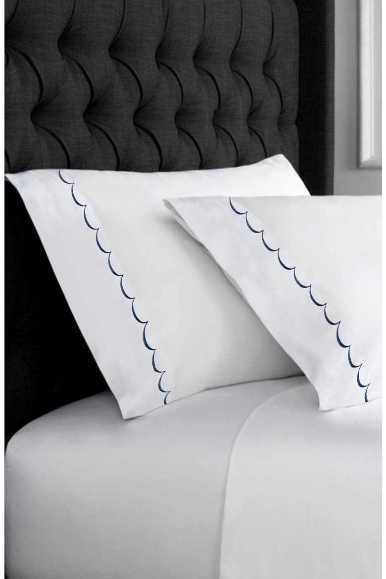Scalloped Edge Embroidered 600 Thread Count Pillowcases, Alternate, color, WHITE/ NAVY