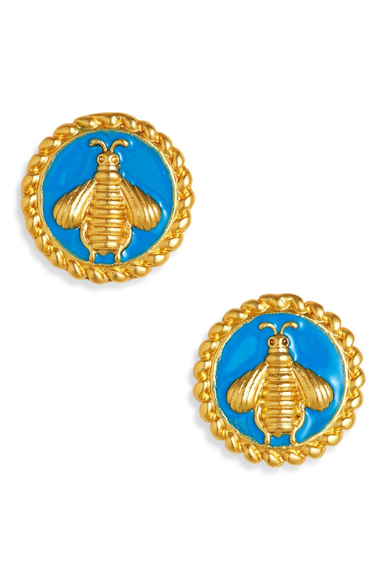 Bee Coin Stud Earrings, Main, color, BLUE