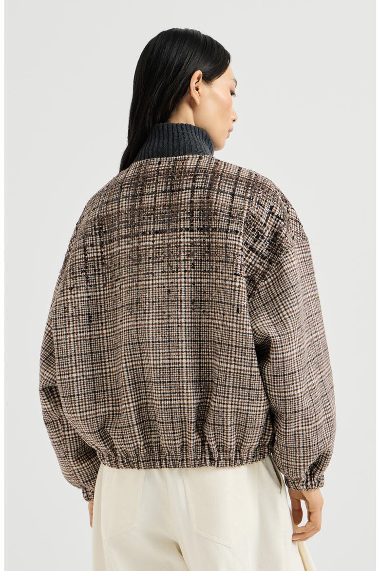 Checked alpaca and wool bomber jacket with dazzling degradé embroidery and Thermore® padding, Alternate, color, Brown