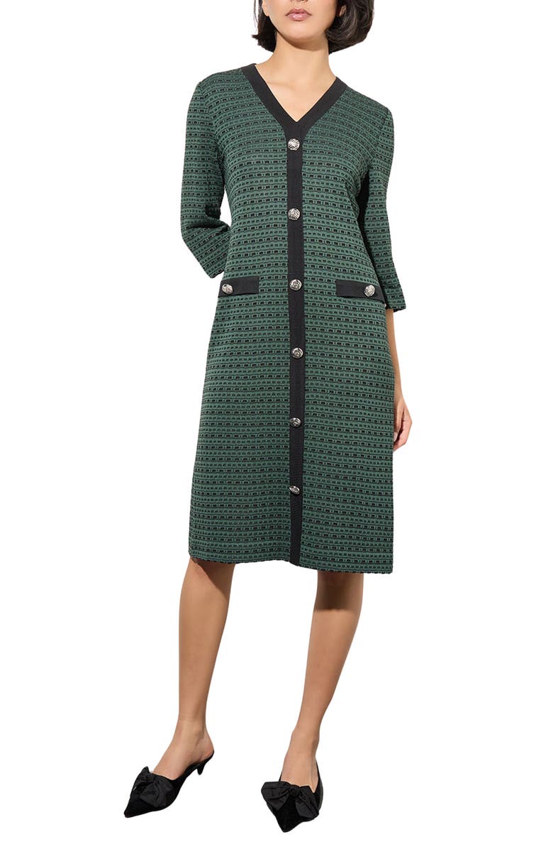 Ming Wang Button Front V-Neck Elbow Sleeve Knit Dress, Main, color, 