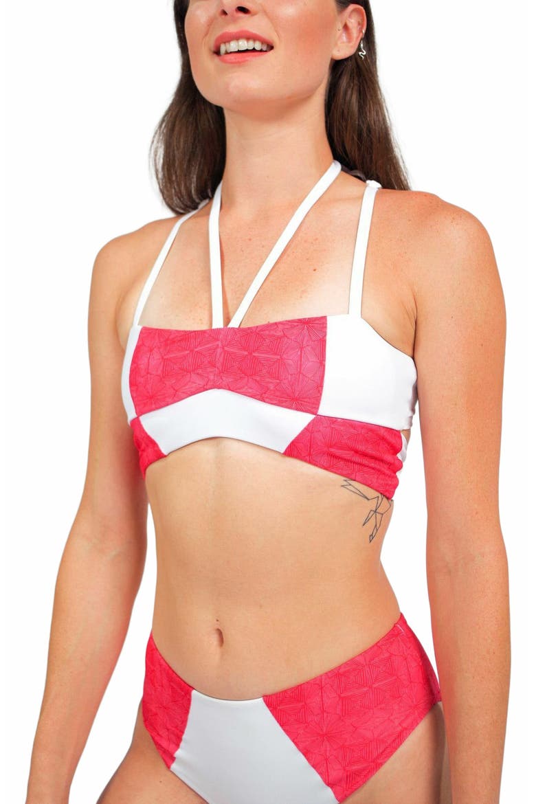 Massi Bikini Top With Color-Blocked Tile Pattern, Alternate, color, White and Red