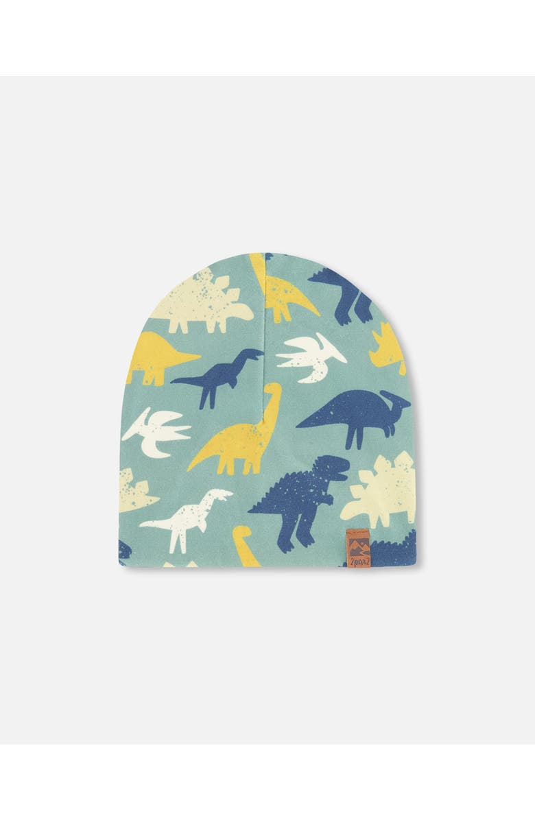 Deux par Deux Stretch Jersey Dinosaur Beanie, Main, color, Green Dinosaur Print