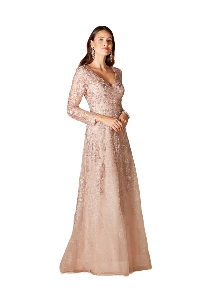 Long Bell Sleeve V-Neck Beaded Gown, Main, color, Blush