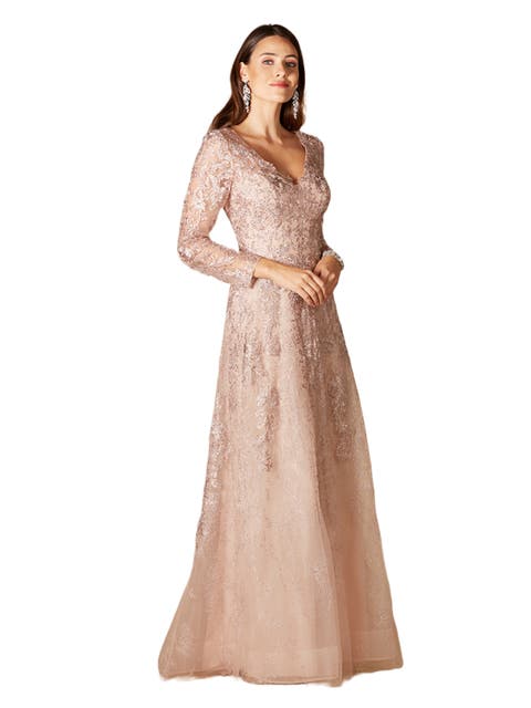 Long Bell Sleeve V-Neck Beaded Gown