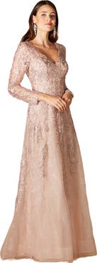 LARA New York Long Bell Sleeve V-Neck Beaded Gown