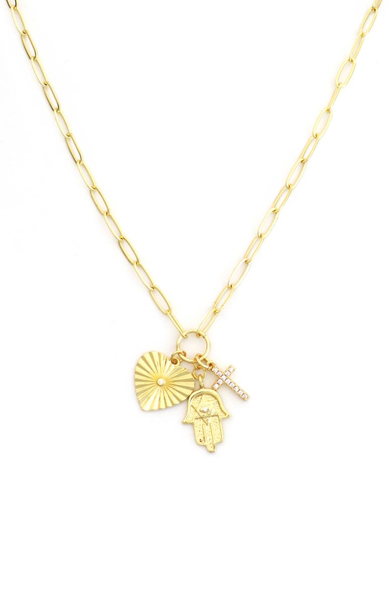 Panacea Heart, Cross & Hand Charm Necklace, Main, color, Gold