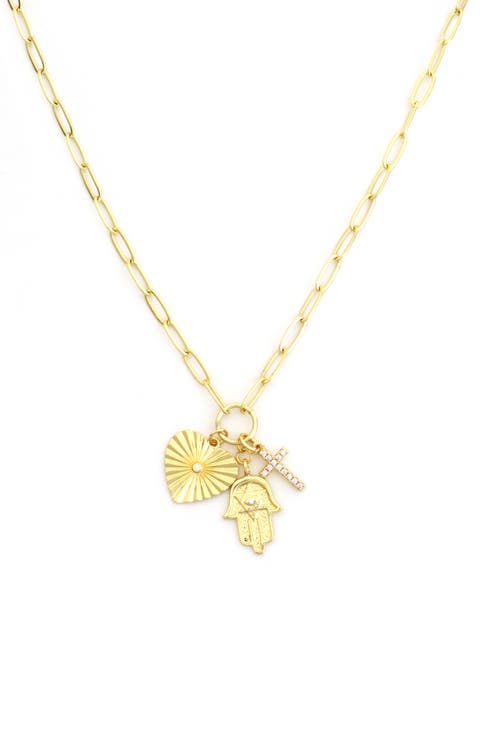 Heart, Cross & Hand Charm Necklace