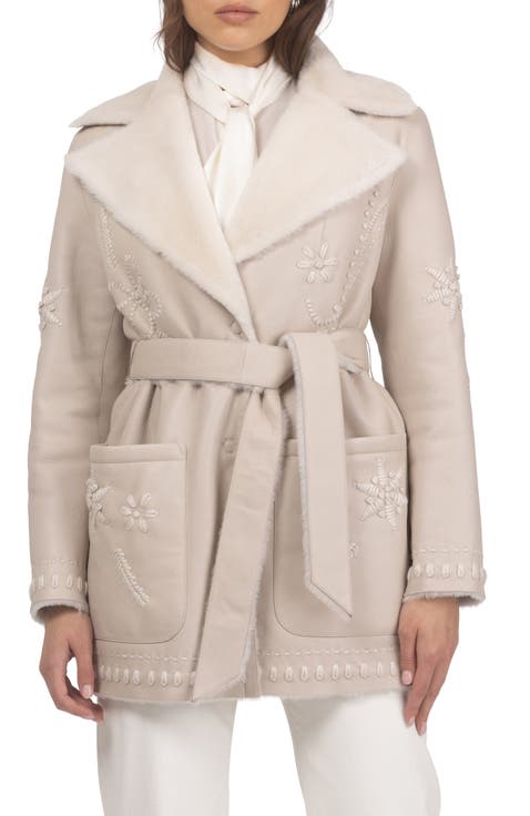 Genuine Shearling Short Jacket with Embroidery, Belt