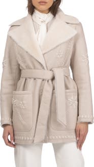 GORSKI Genuine Shearling Short Jacket with Embroidery, Belt