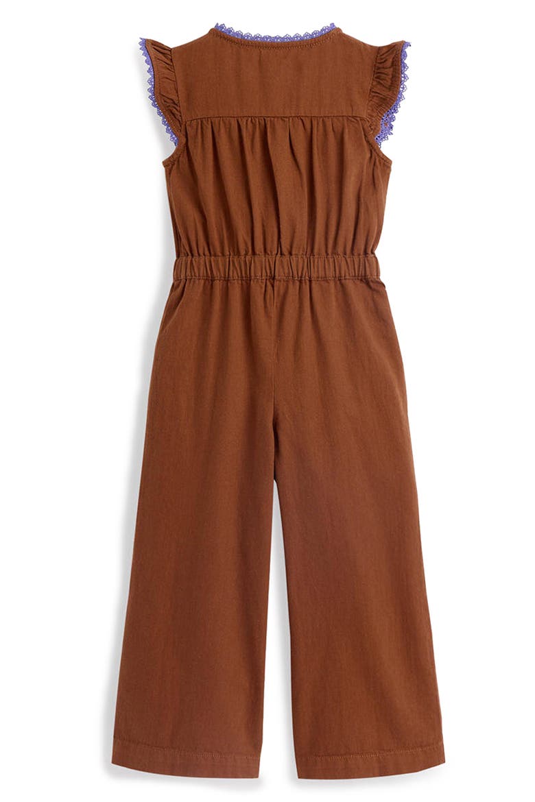Kids' Flutter Sleeve Denim Jumpsuit, Alternate, color, BROWN EMBROIDERY