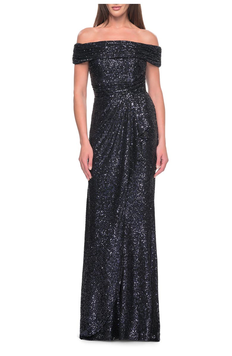 La Femme Off the Shoulder Sequin Gown with Ruching, Main, color, Navy