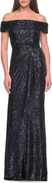 La Femme Off the Shoulder Sequin Gown with Ruching