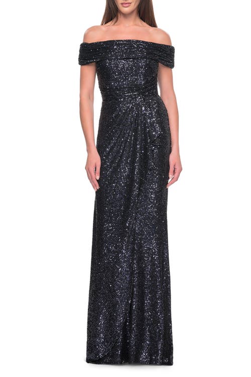 La Femme Off The Shoulder Sequin Gown With Ruching In Navy