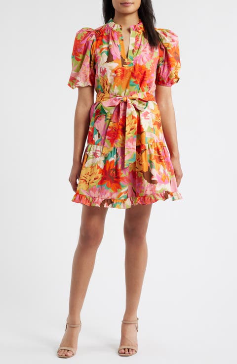 Floral Bubble Sleeve Cotton Dress