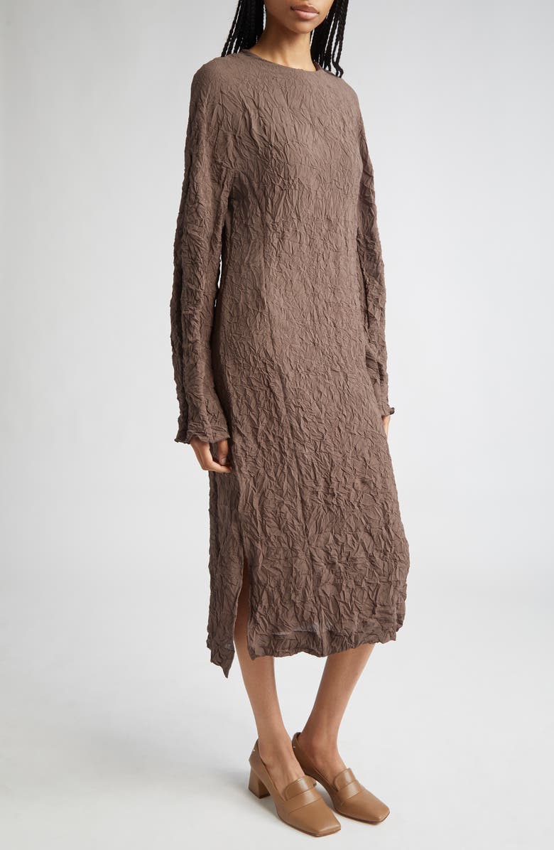 TEURN STUDIOS Long Sleeve Crinkle Midi Dress, Alternate, color, Brown