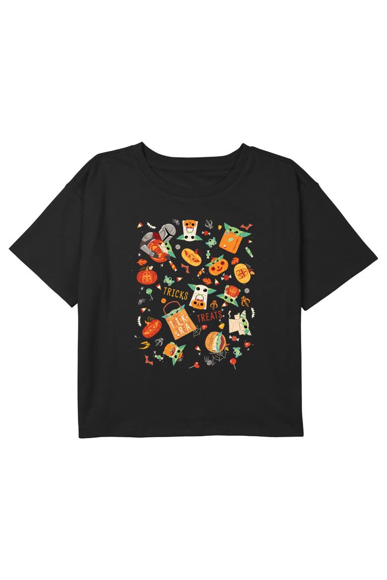Girl's Star Wars The Mandalorian Trick or Treat Grogu Collage Graphic Graphic Cropped T-Shirt, Main, color, Black