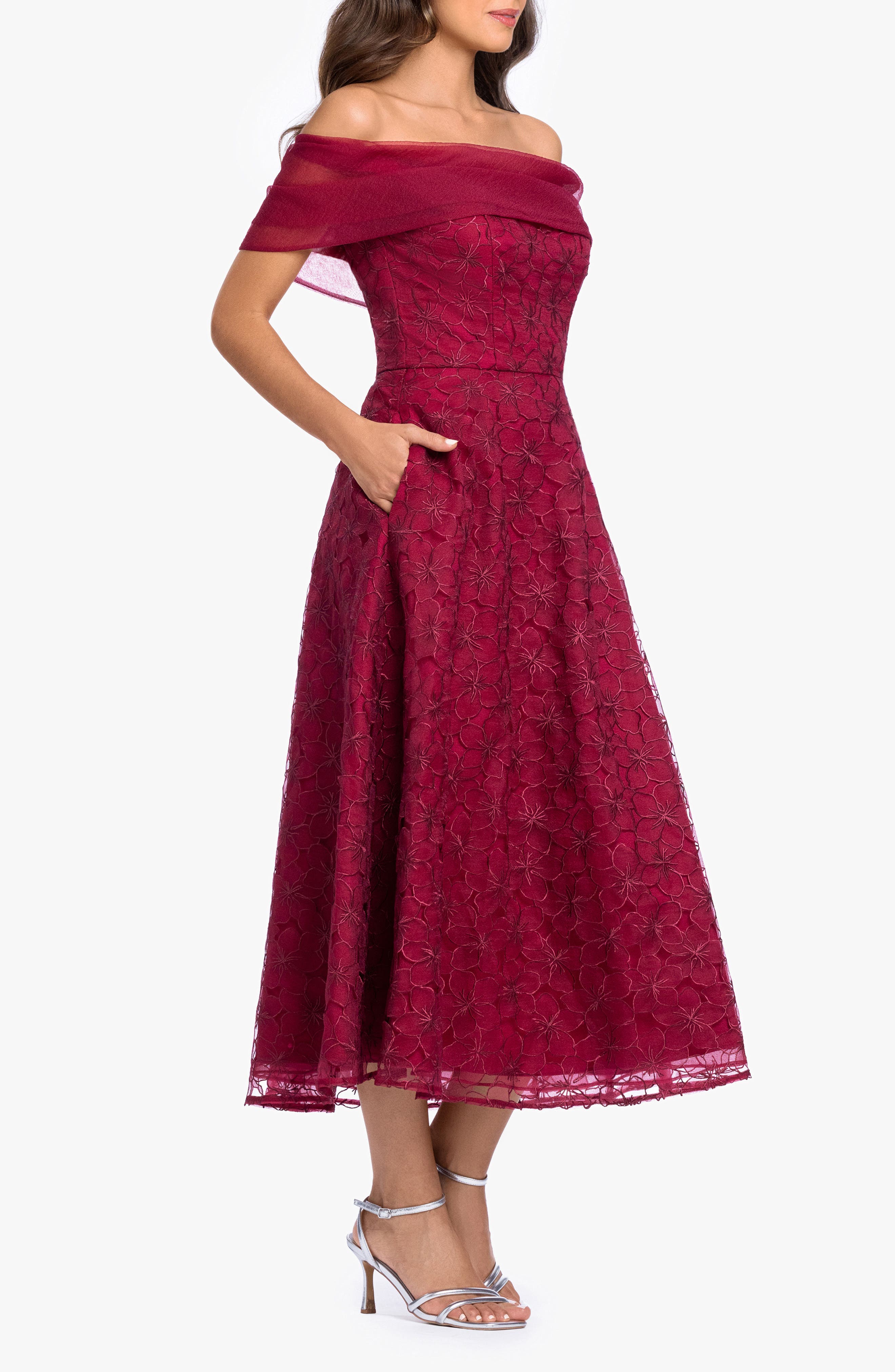 betsy & adam cocktail dresses Midi Dress Off Shoulder Dress Betsy Adam Embroidered Off The Shoulder Midi Gown (Women) 27_07 Romper Color/Design:Denim One + Flowers Black Prom Dresses | Strapless dress stopping petite gown from
