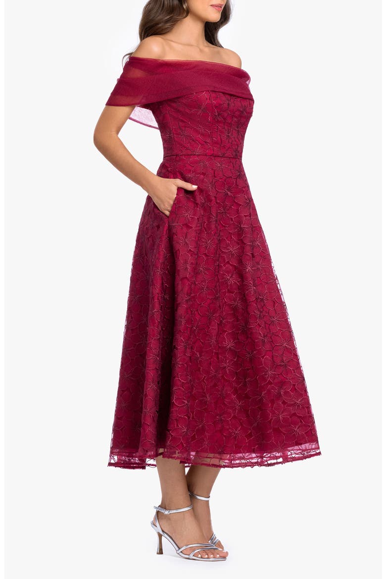 Embroidered Off the Shoulder Midi Gown, Alternate, color, WINE