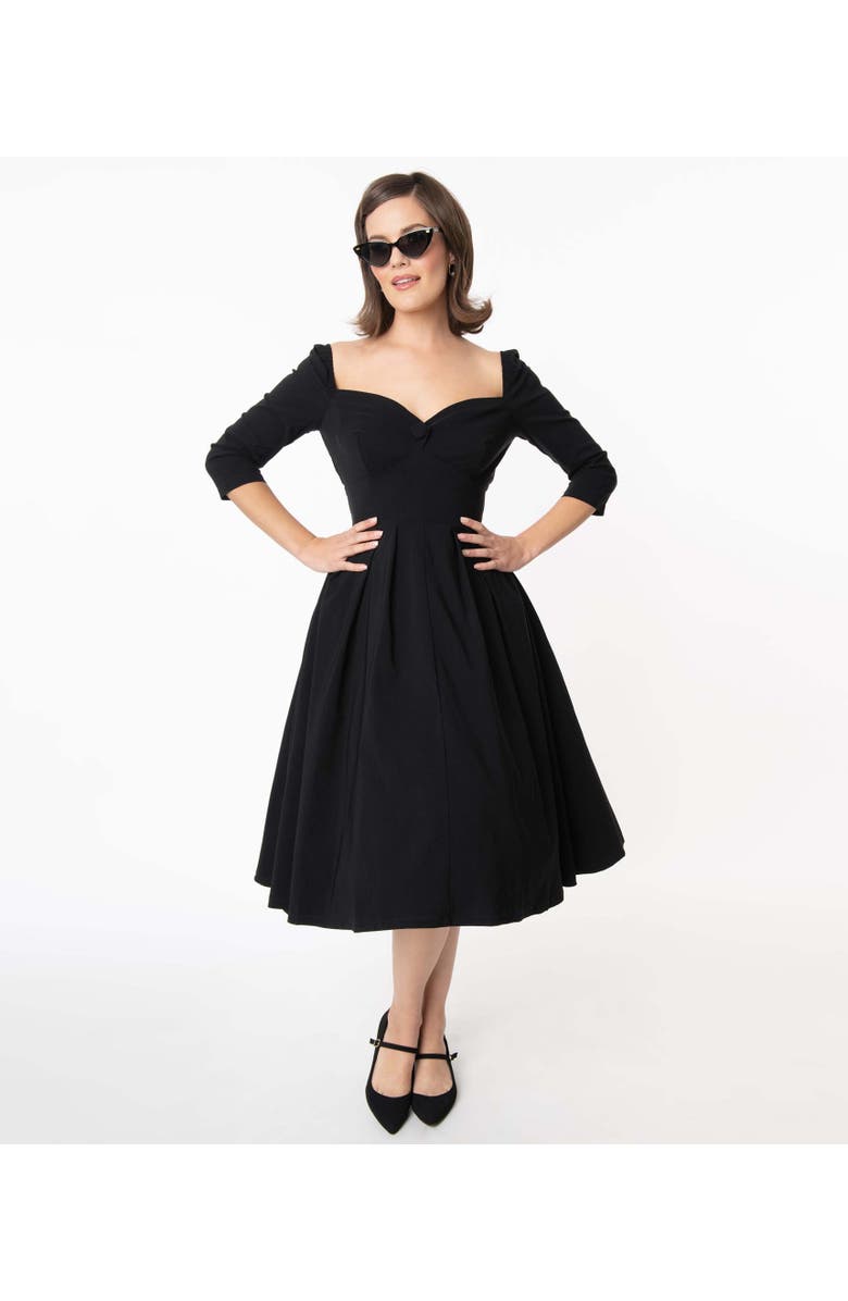 Unique Vintage Woven Sweetheart Neckline Lamar Swing Dress, Main, color, Black