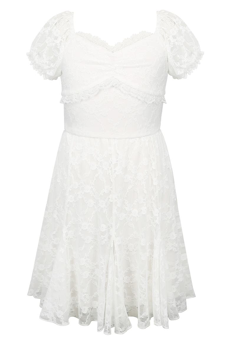 Kids' Puff Sleeve Stretch Lace Party Dress, Main, color, WHITE