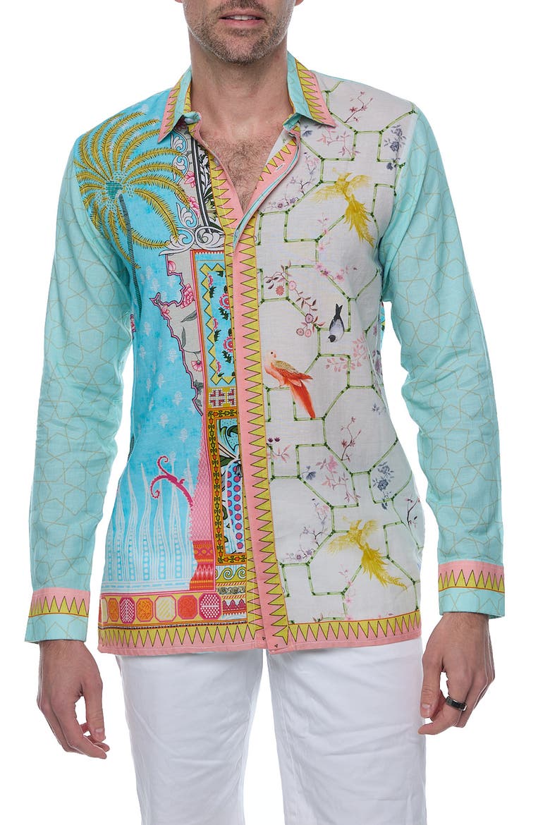 Extra Trim Fit Print Linen & Cotton Button-Up Resort Shirt, Main, color, GREEN