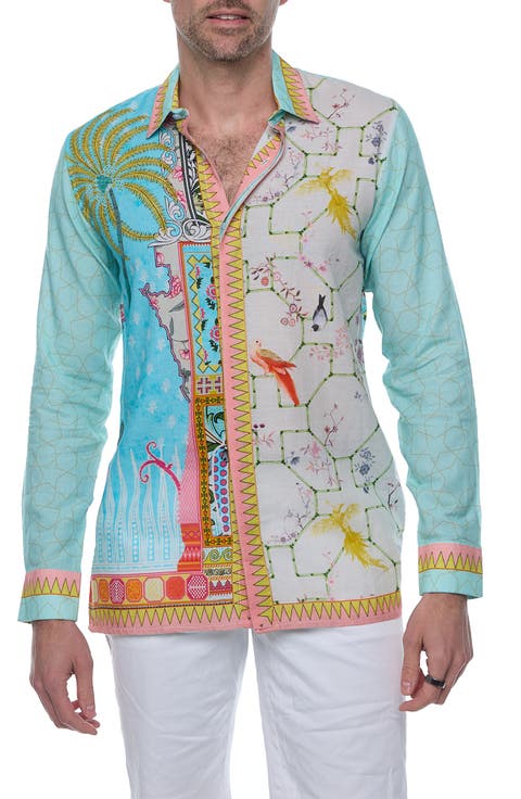 Extra Trim Fit Print Linen & Cotton Button-Up Resort Shirt