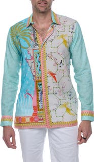 RANEES Extra Trim Fit Print Linen & Cotton Button-Up Resort Shirt