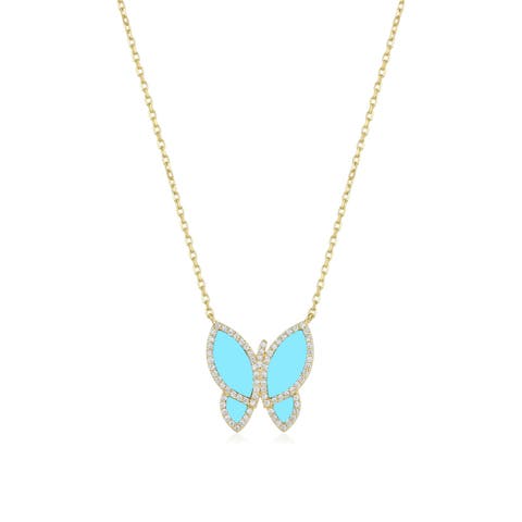 Large Turquoise CZ Halo Butterfly Necklace