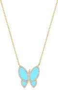 The Lovery Fine Jewelry Large Turquoise CZ Halo Butterfly Necklace