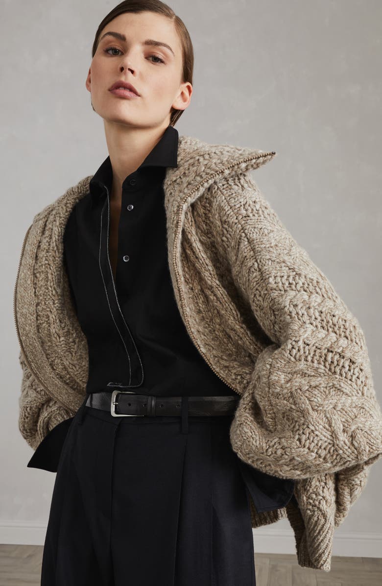 Brunello Cucinelli Soft wool and cashmere cable knit cardigan with shiny zipper pull, Alternate, color, 