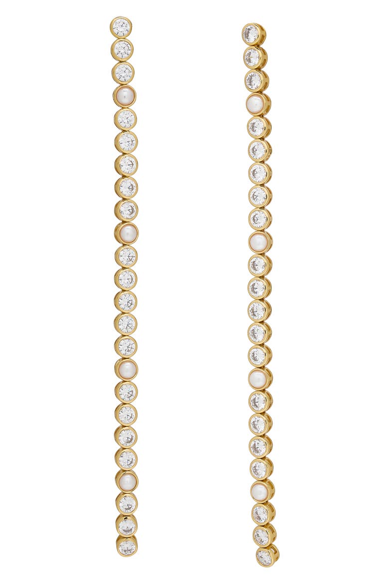 Cubic Zirconia & Faux Pearl Linear Drop Earrings, Main, color, PEARL