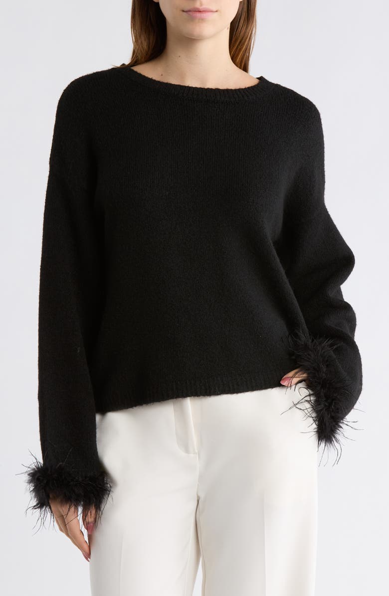 WAYF Feather Trim Sweater, Main, color, Black