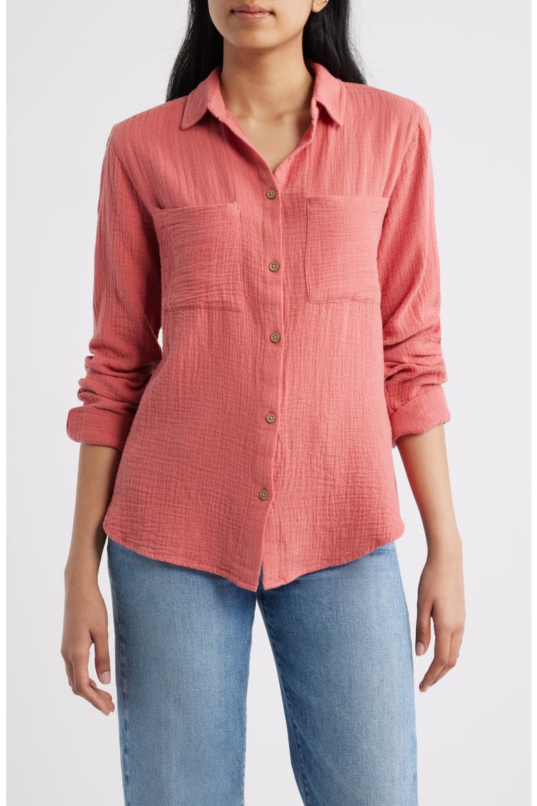 Micaela Cotton Button-Up Shirt, Main, color, CAYENNE
