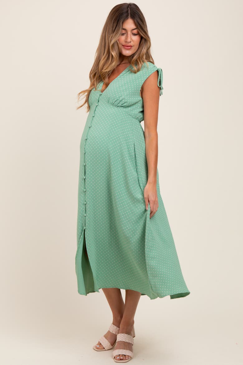 Button-Down Polka Dot Shirred Bow Midi Dress, Alternate, color, Green