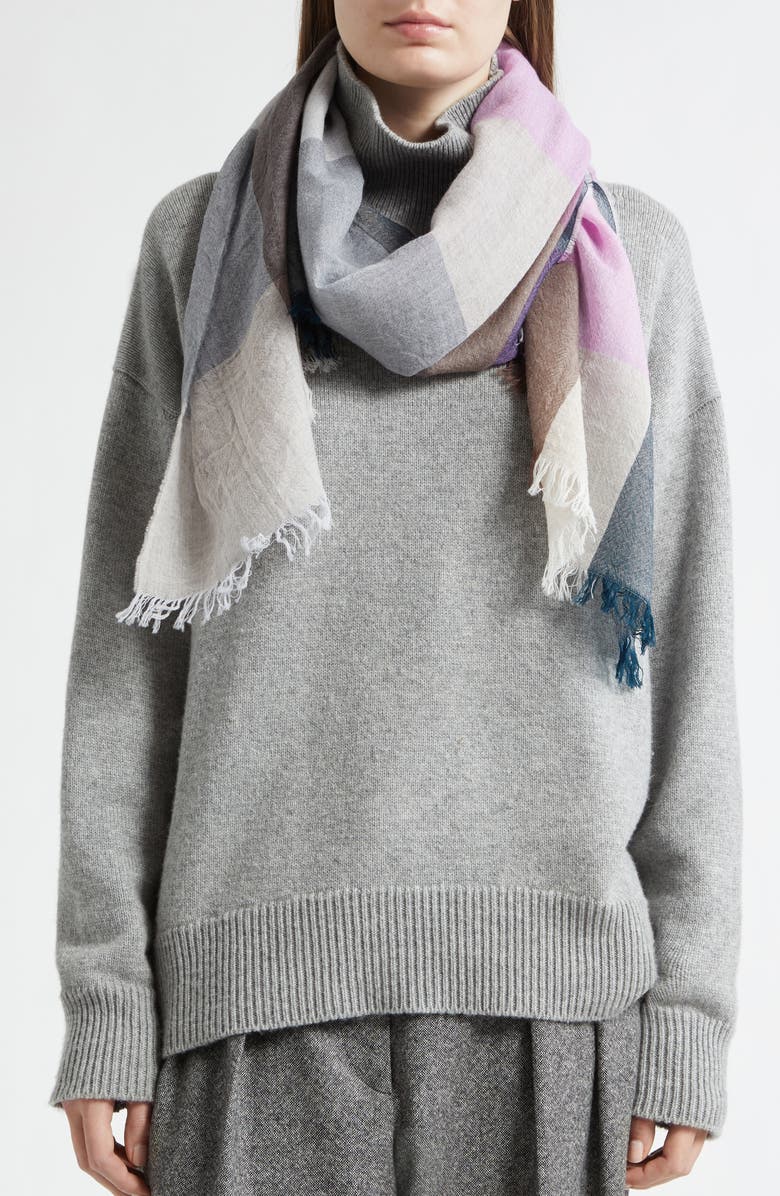 Johnstons of Elgin Ethie Block Check Wool Fringe Scarf, Alternate, color, Ru7718 Natural / Pink