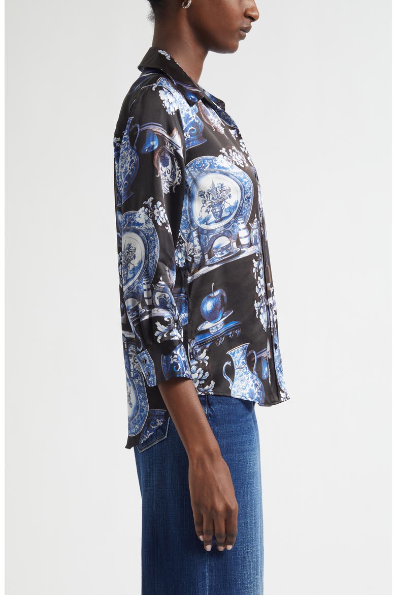 Dani Pottery Print Silk Button-Up Shirt, Alternate, color, BLACK/ BLUE PORCELAIN PRINT