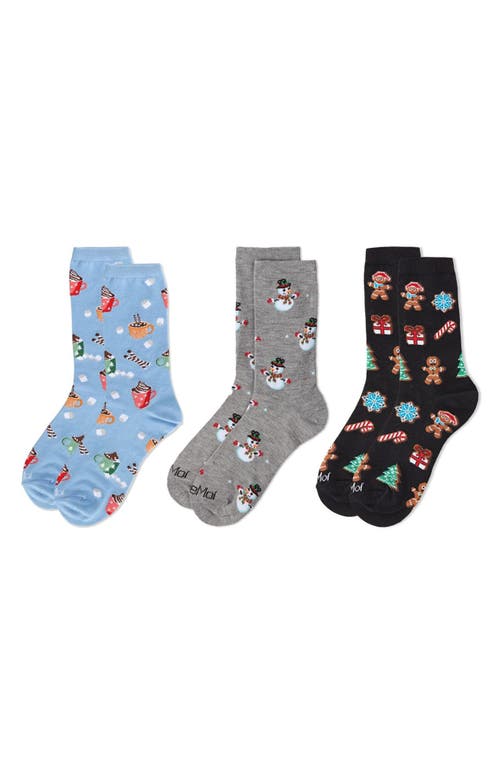 Memoi Christmas Assorted 3-pack Crew Socks In Pink