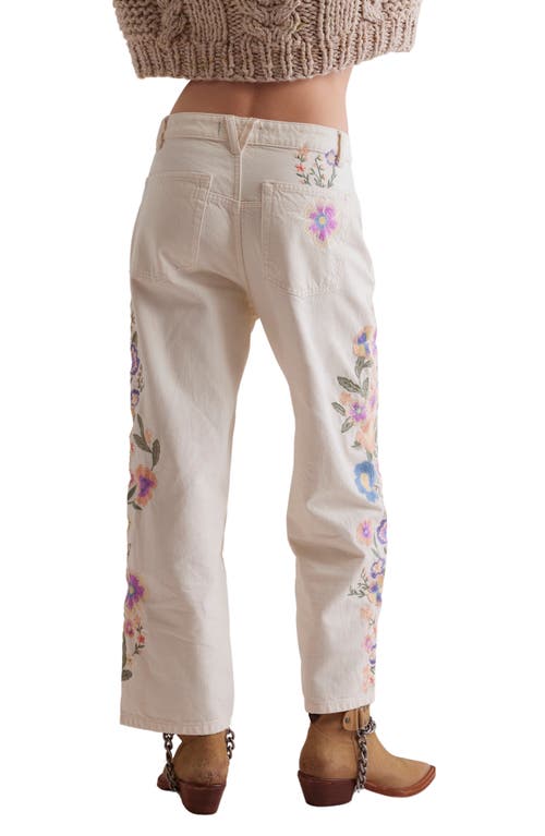 Free People Willow Floral Embrodiered Straight Leg Jeans In Ecru