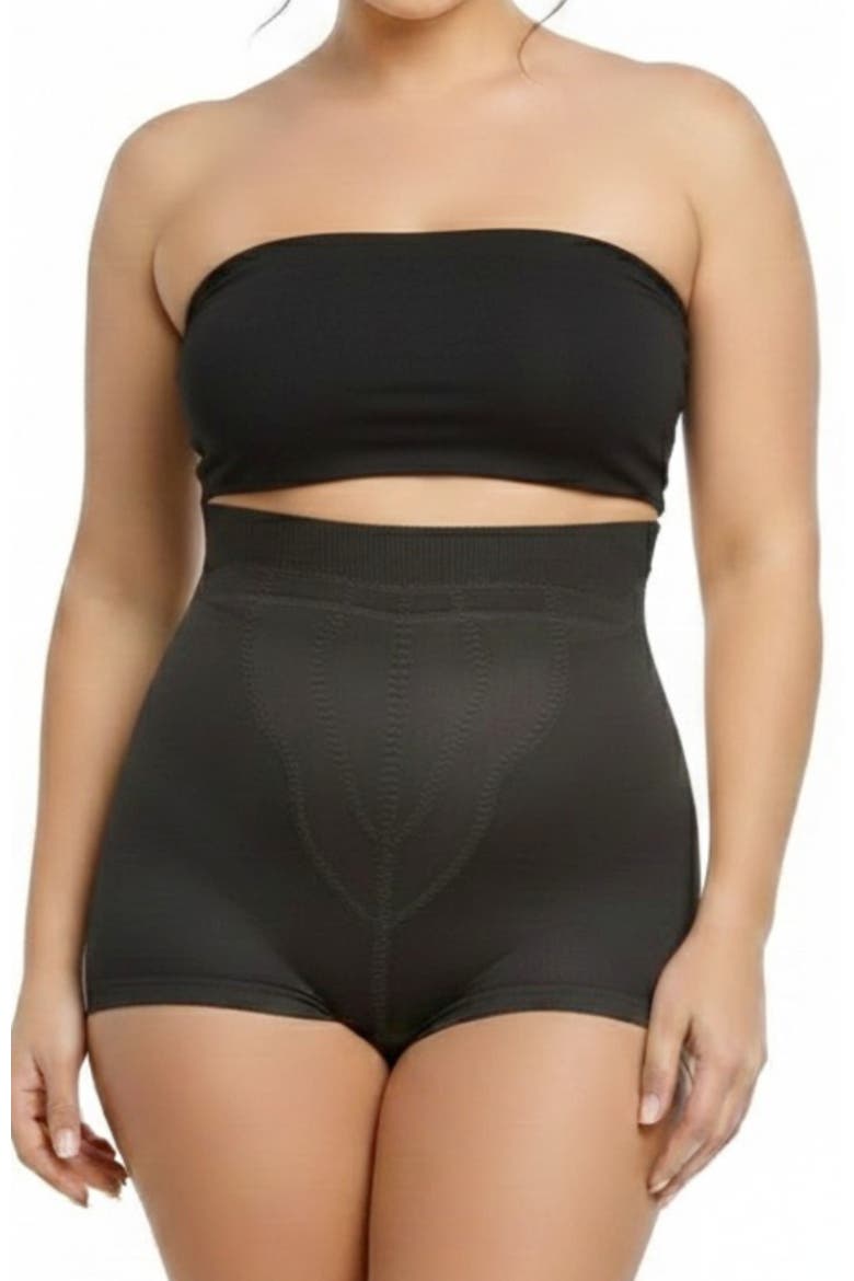 Medium Support High Waist Panty Brief with Tulip Front Panel Memory Compression Fabric, Main, color, Black