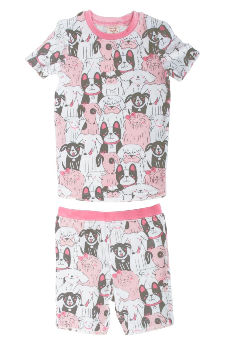 Munki Munki Kids' Puppy Pile Fitted Two-Piece Pajamas, Main, color, White/ Pink