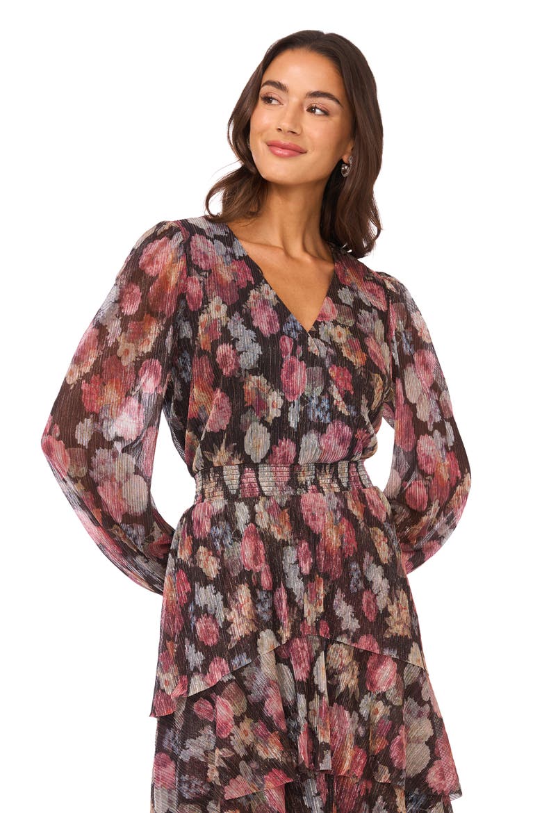 Metallic Floral Long Sleeve Plissé Midi Dress, Alternate, color, RICH BLACK